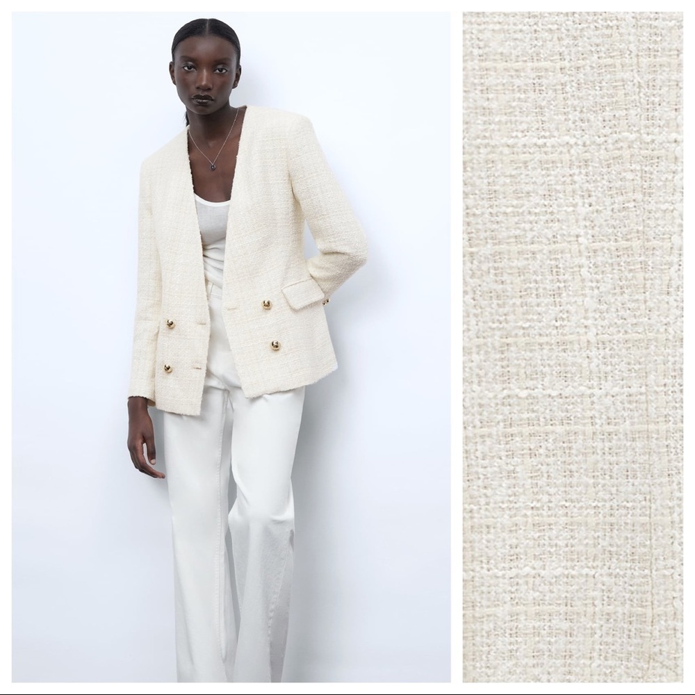 NWT. Zara Ecru Textured Double-Breasted Blazer. Size M.